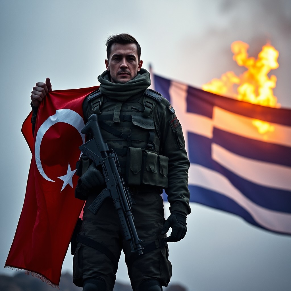 A soldier standing proudly with a Turkish flag, prominently displayed