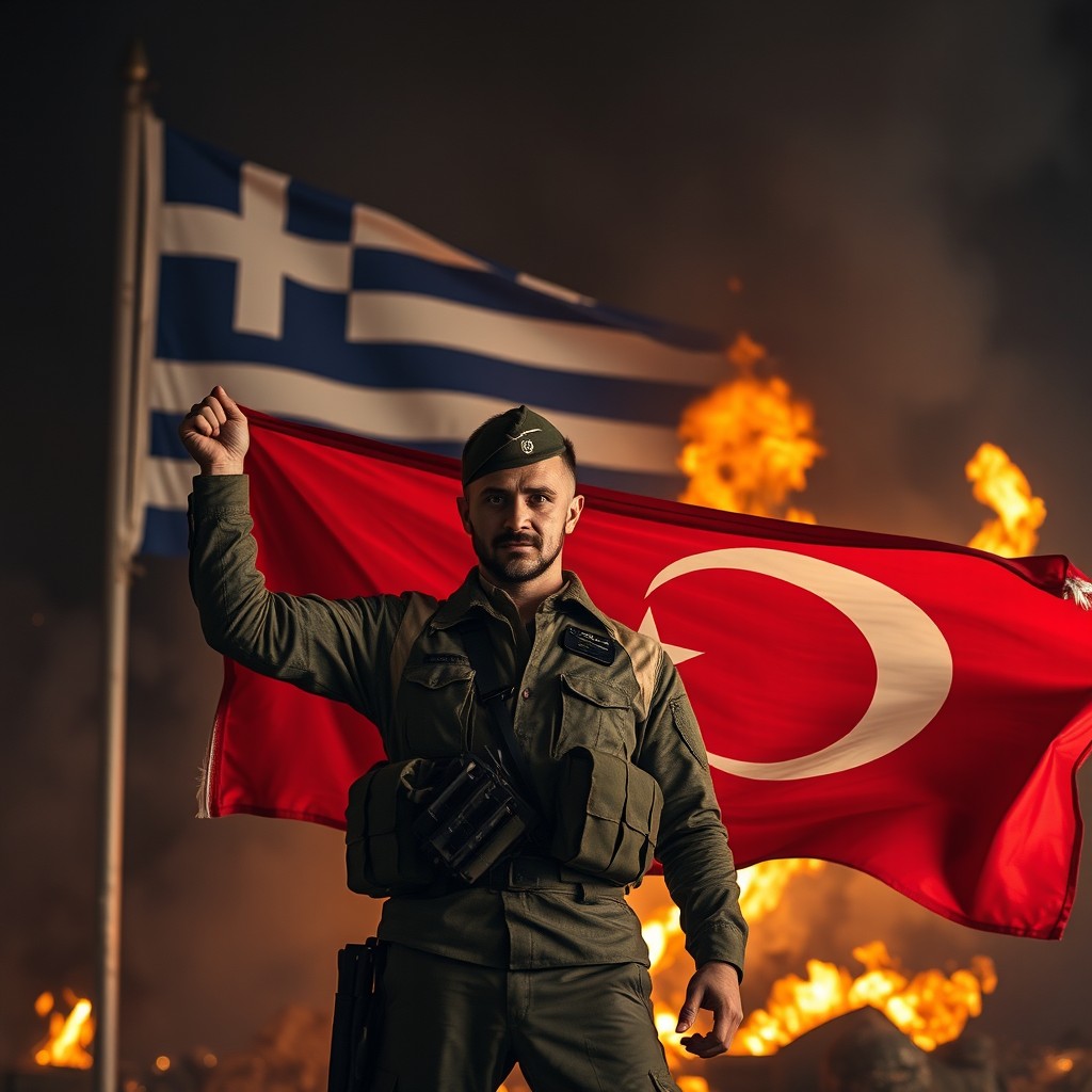 A soldier proudly holding the Turkish flag, standing strong in the foreground