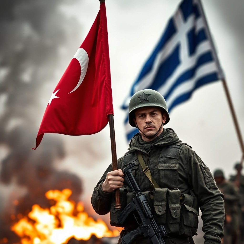 A soldier proudly displaying the Turkish flag