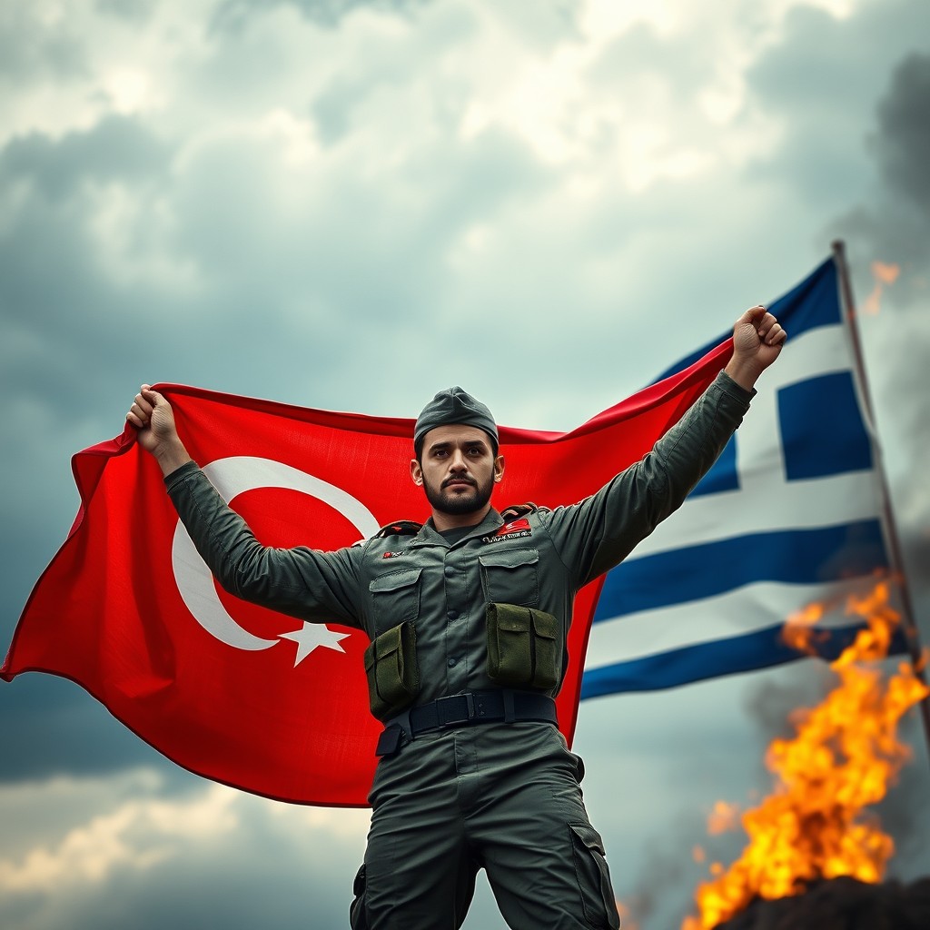 A courageous Turkish soldier proudly holding the Turkish flag, standing in a heroic pose against a dramatic backdrop