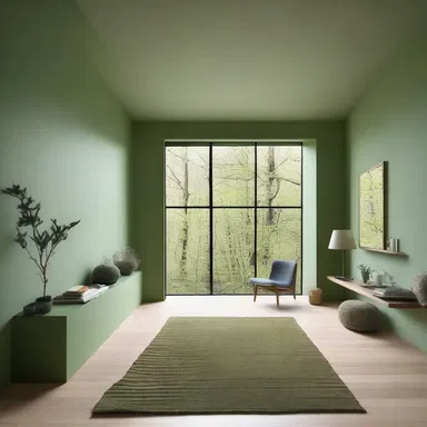 The walls of the modern minimalist home were painted in a calming moss green color.