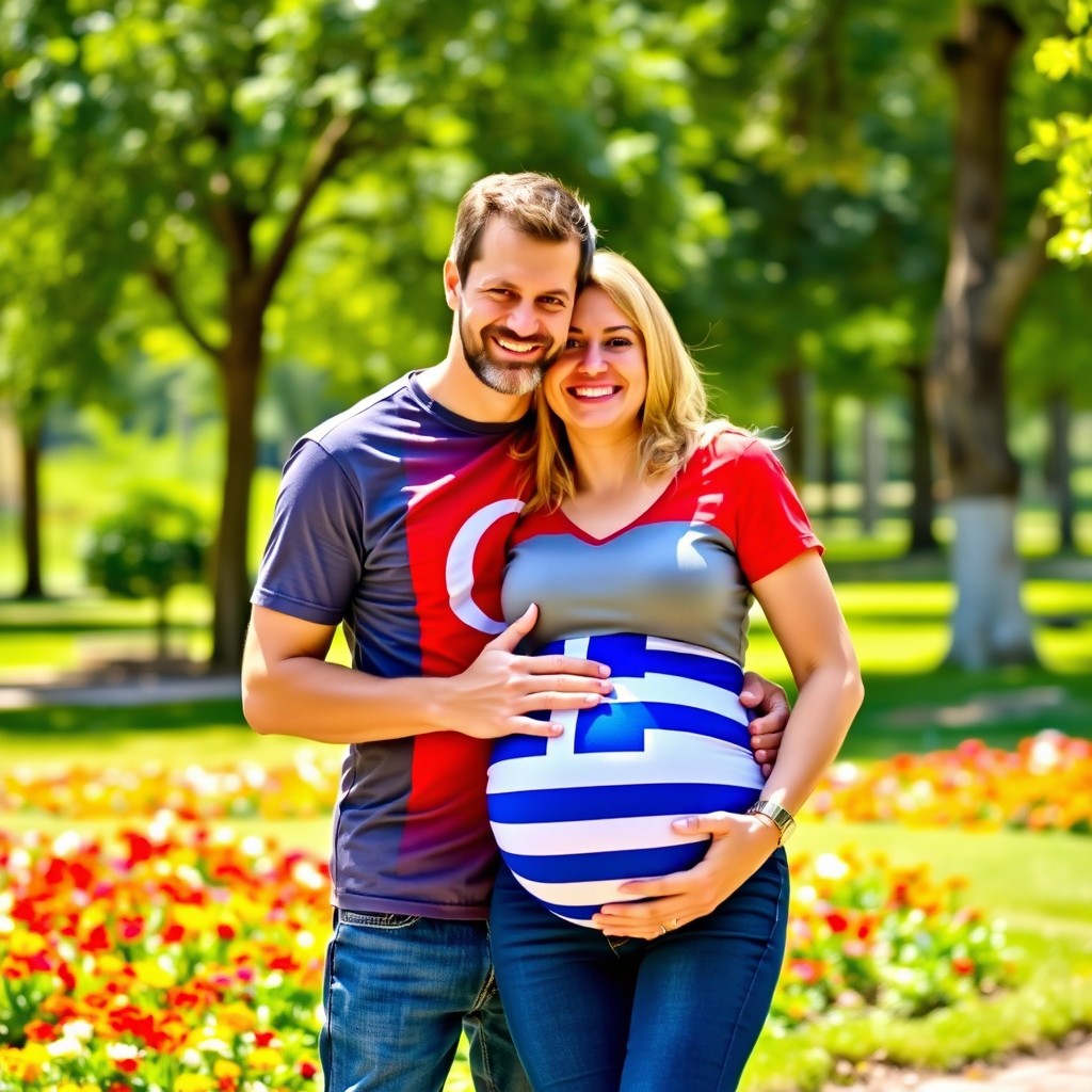 A man wearing a t-shirt with the Turkish flag is warmly embracing his pregnant wife, who is wearing a t-shirt with the Greek flag