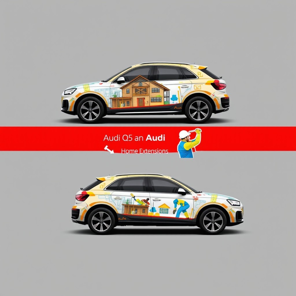 A custom design for an Audi Q5 from both sides, themed around construction and home extensions