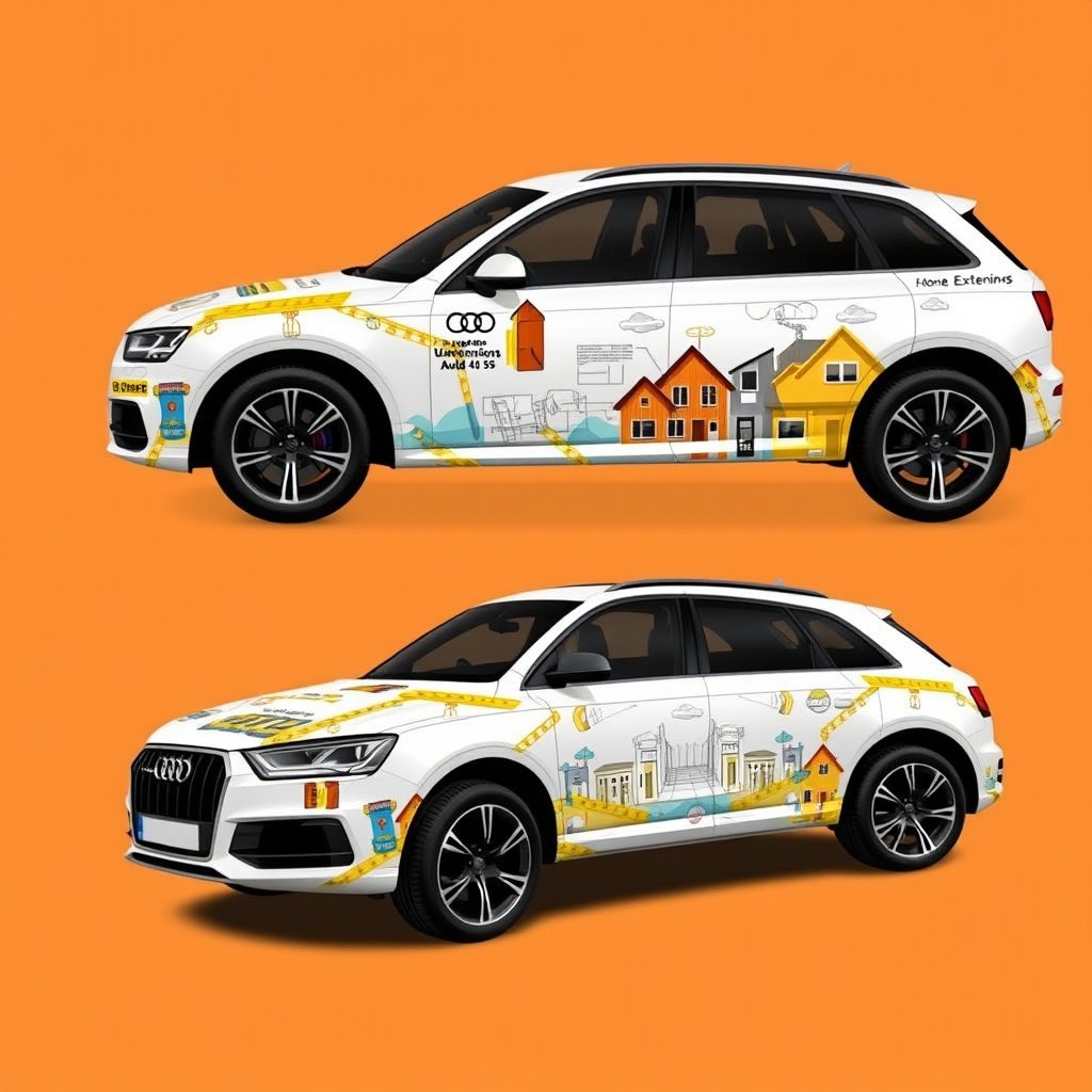 A custom design for an Audi Q5 featuring construction themes for home extensions, showcasing detailed imagery related to building and construction on both sides of the vehicle