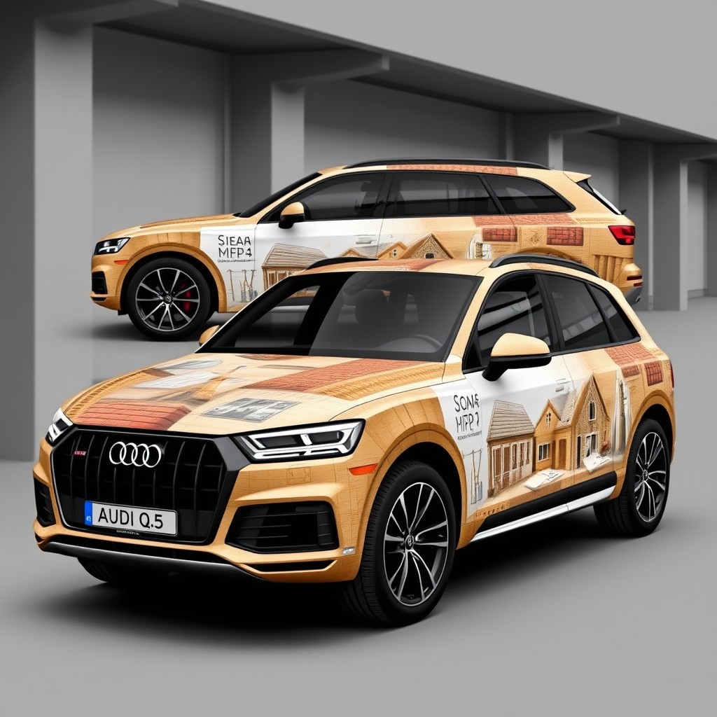 A custom design for a luxury Audi Q5, showcasing a construction theme with imagery representing home extensions