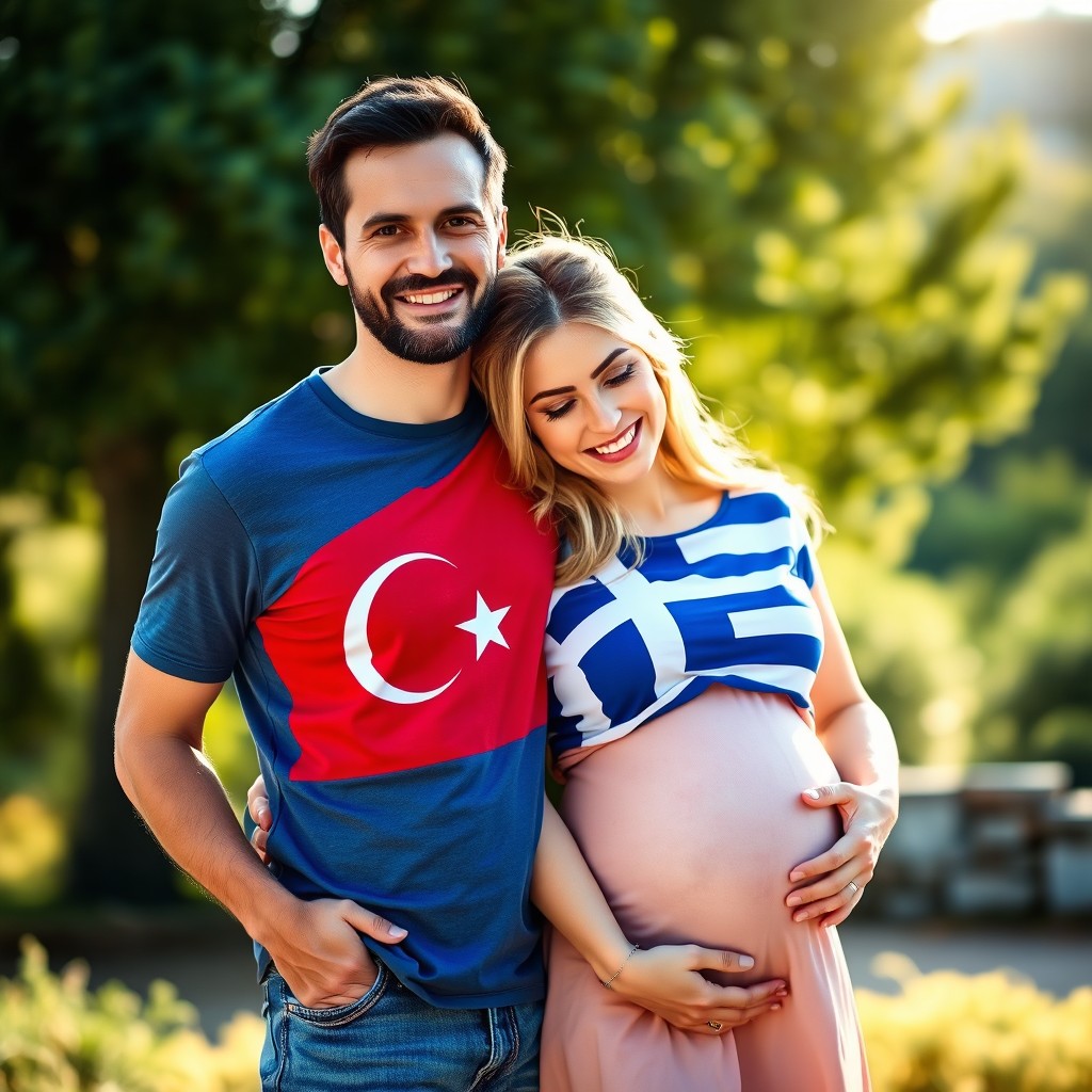 A warm and affectionate scene of a man wearing a shirt with the Turkish flag, embracing his pregnant wife who is wearing a shirt with the Greek flag