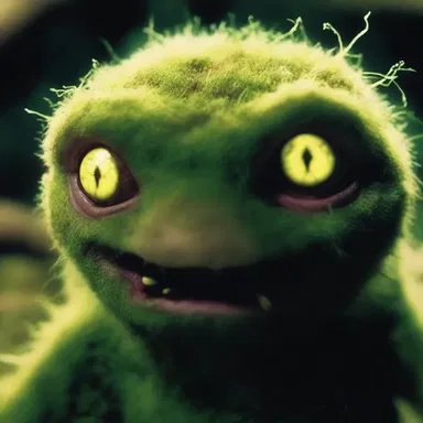 The eerie creature in the horror movie had glowing moss green eyes.