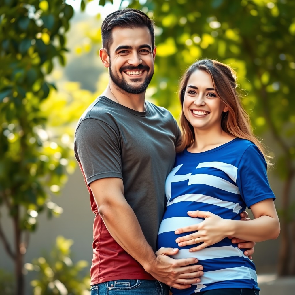 A scene depicting a man wearing a Turkish flag t-shirt embracing his pregnant wife who is wearing a Greek flag t-shirt