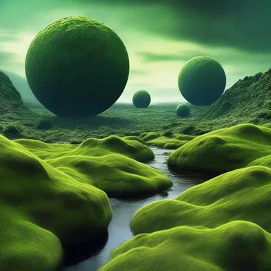 The alien planet was covered in dense moss green vegetation, giving it an otherworldly appearance.