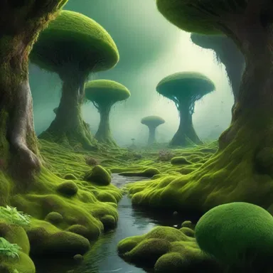 The alien planet was covered in dense moss green vegetation, giving it an otherworldly appearance.