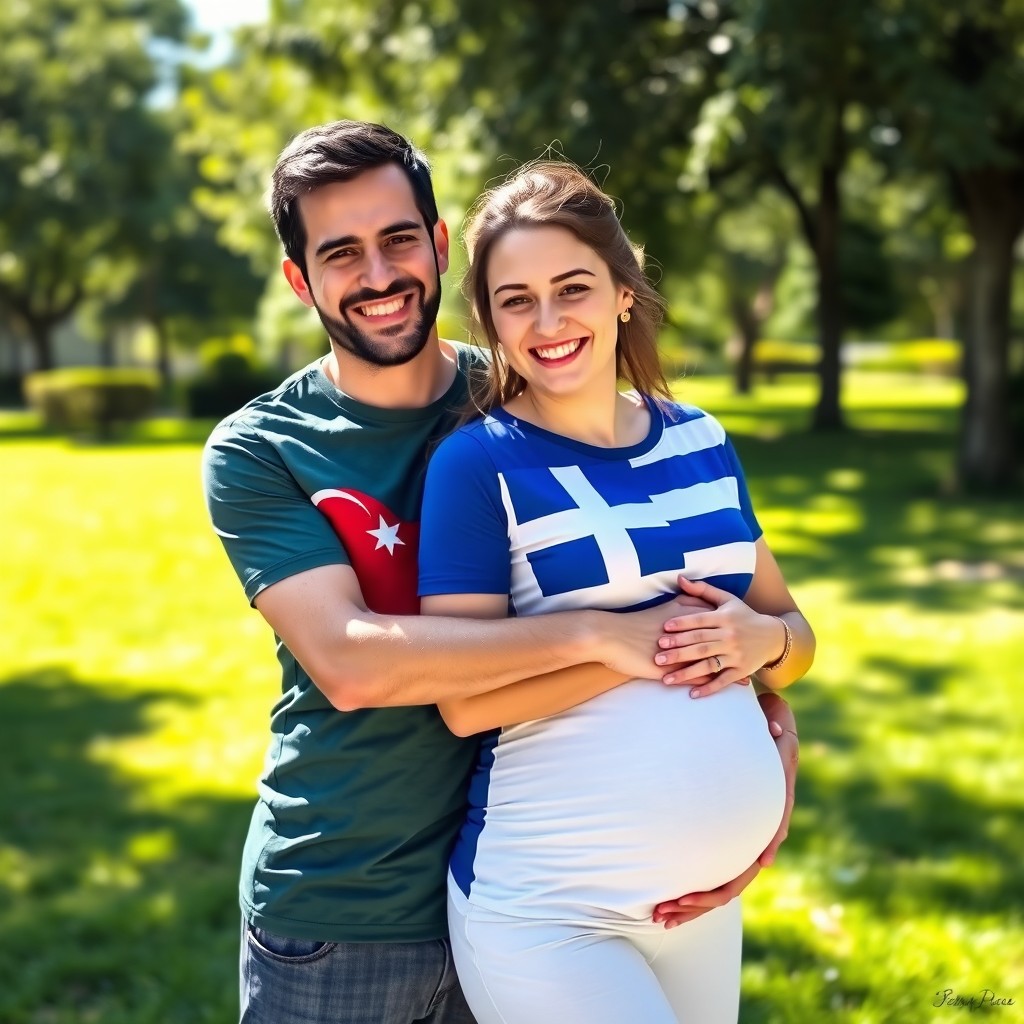 A man wearing a t-shirt with the Turkish flag hugging his pregnant wife, who is wearing a t-shirt with the Greek flag