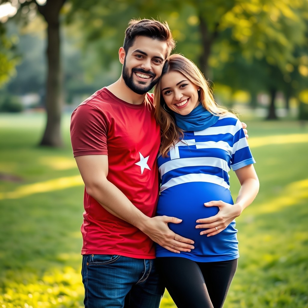 A man wearing a t-shirt with the Turkish flag embraces his pregnant wife, who is wearing a t-shirt with the Greek flag