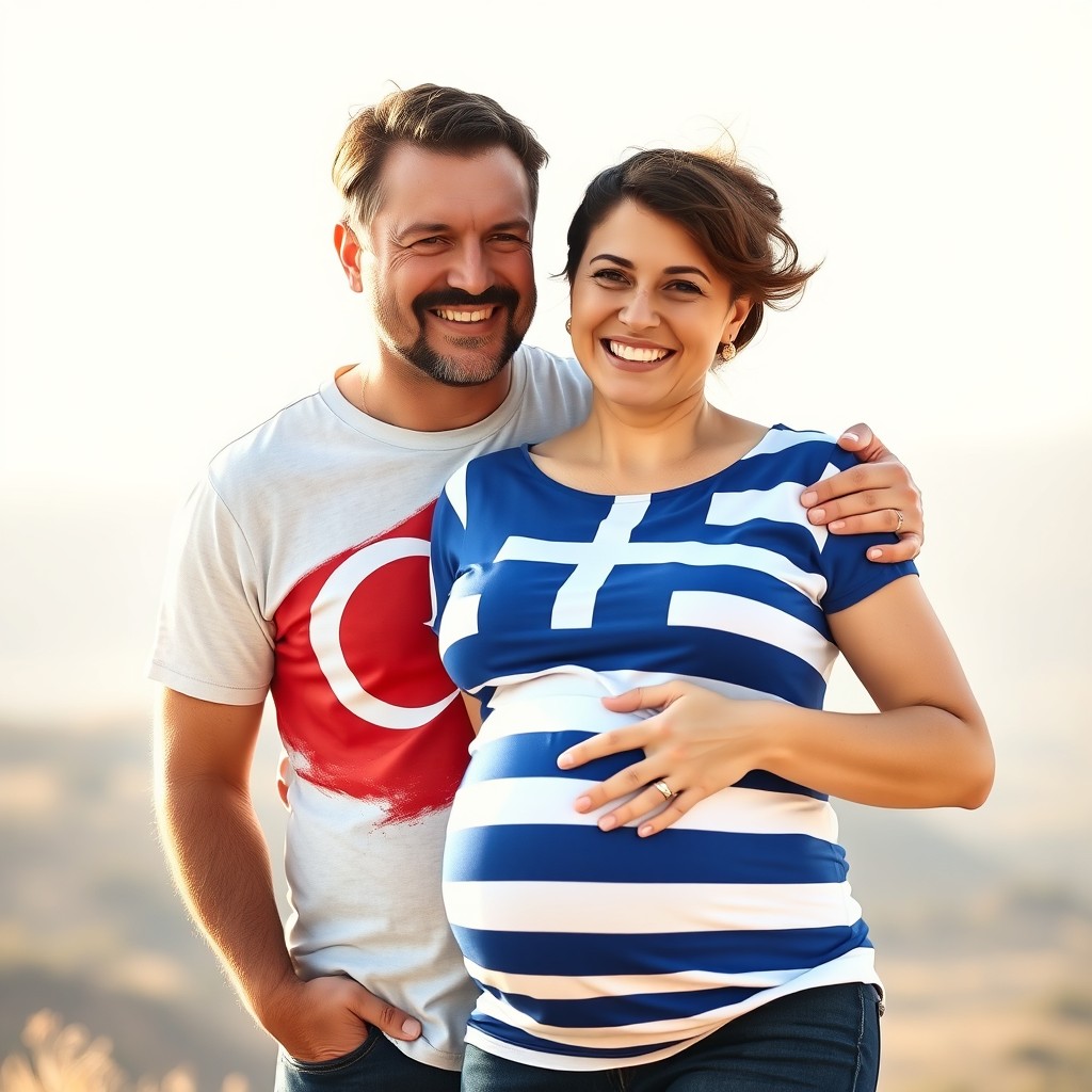 A heartwarming scene of a man wearing a Turkish flag t-shirt, embracing his pregnant wife who is wearing a Greek flag t-shirt