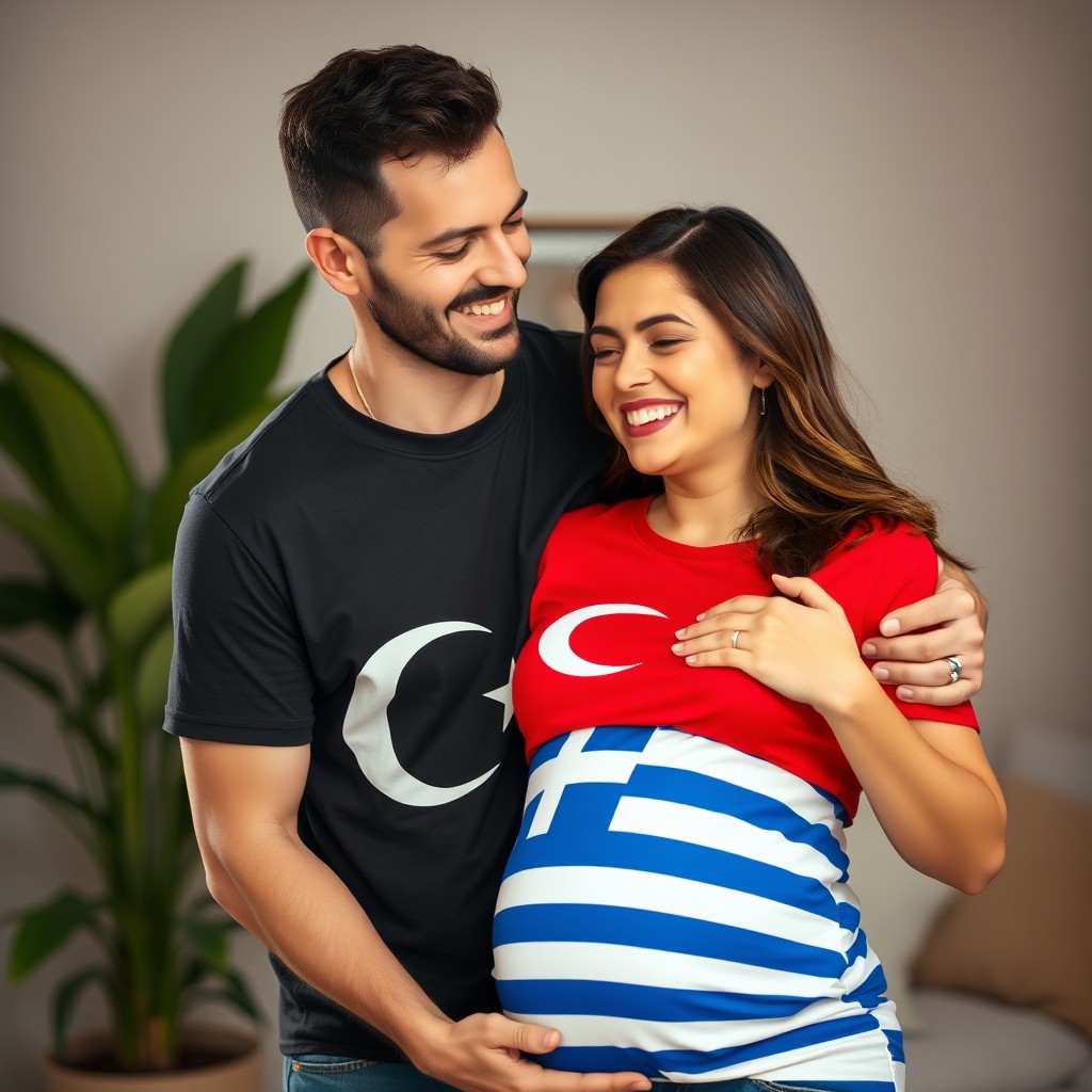 A loving scene where a man wearing a Turkish flag t-shirt is embracing his pregnant wife, who is wearing a Greek flag t-shirt