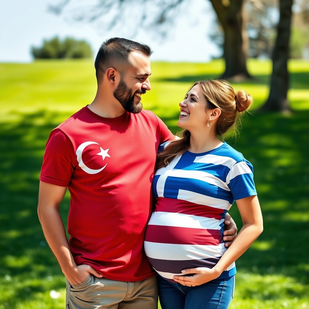 A man and his pregnant wife share a warm embrace, showcasing cultural pride