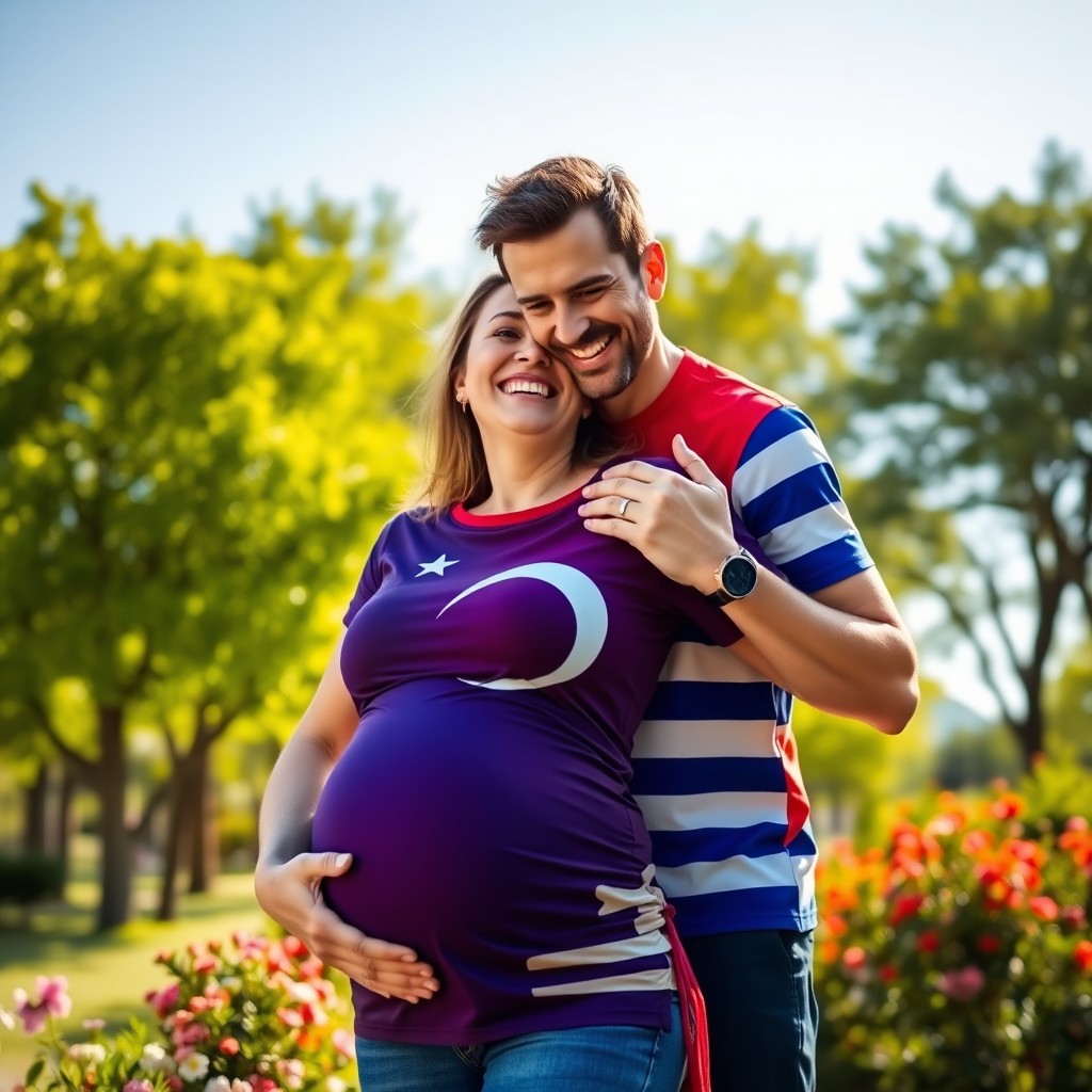 A joyful scene of a man wearing a vibrant Turkish flag t-shirt, warmly hugging his pregnant wife who is dressed in a striking Greek flag t-shirt