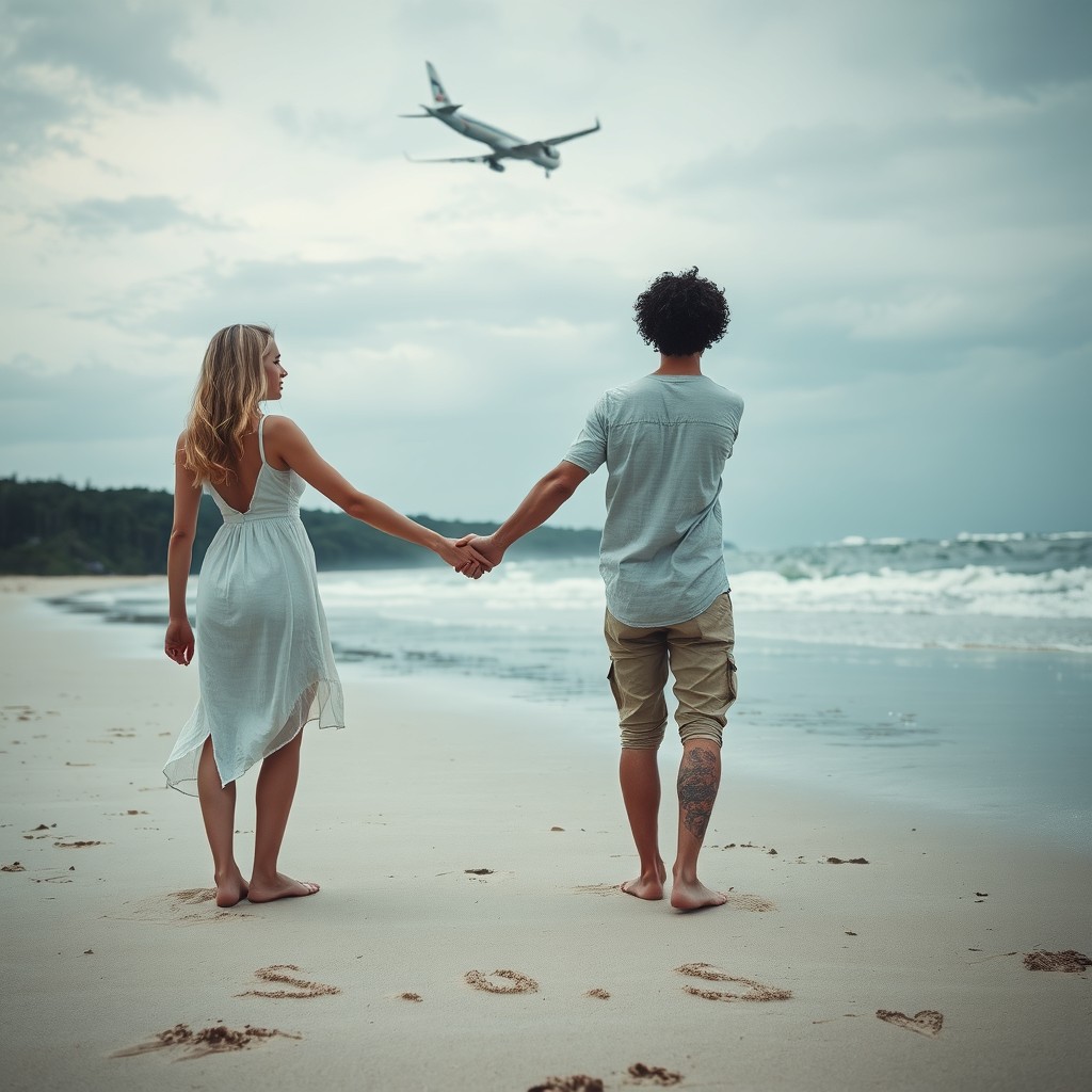 A dramatic beach scene featuring a blonde white woman and a white man with curly black hair holding hands