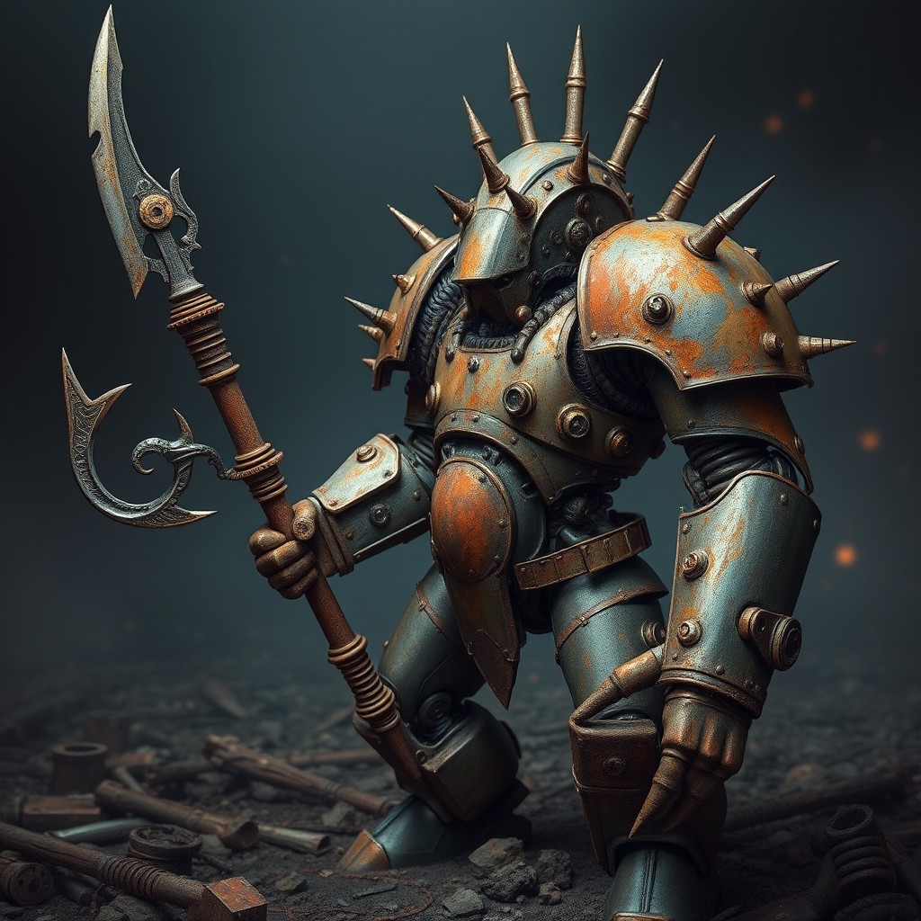 A rusted Warforged with intricate detailing, featuring screws bolted along its spine like spikes, holding a massive glaive