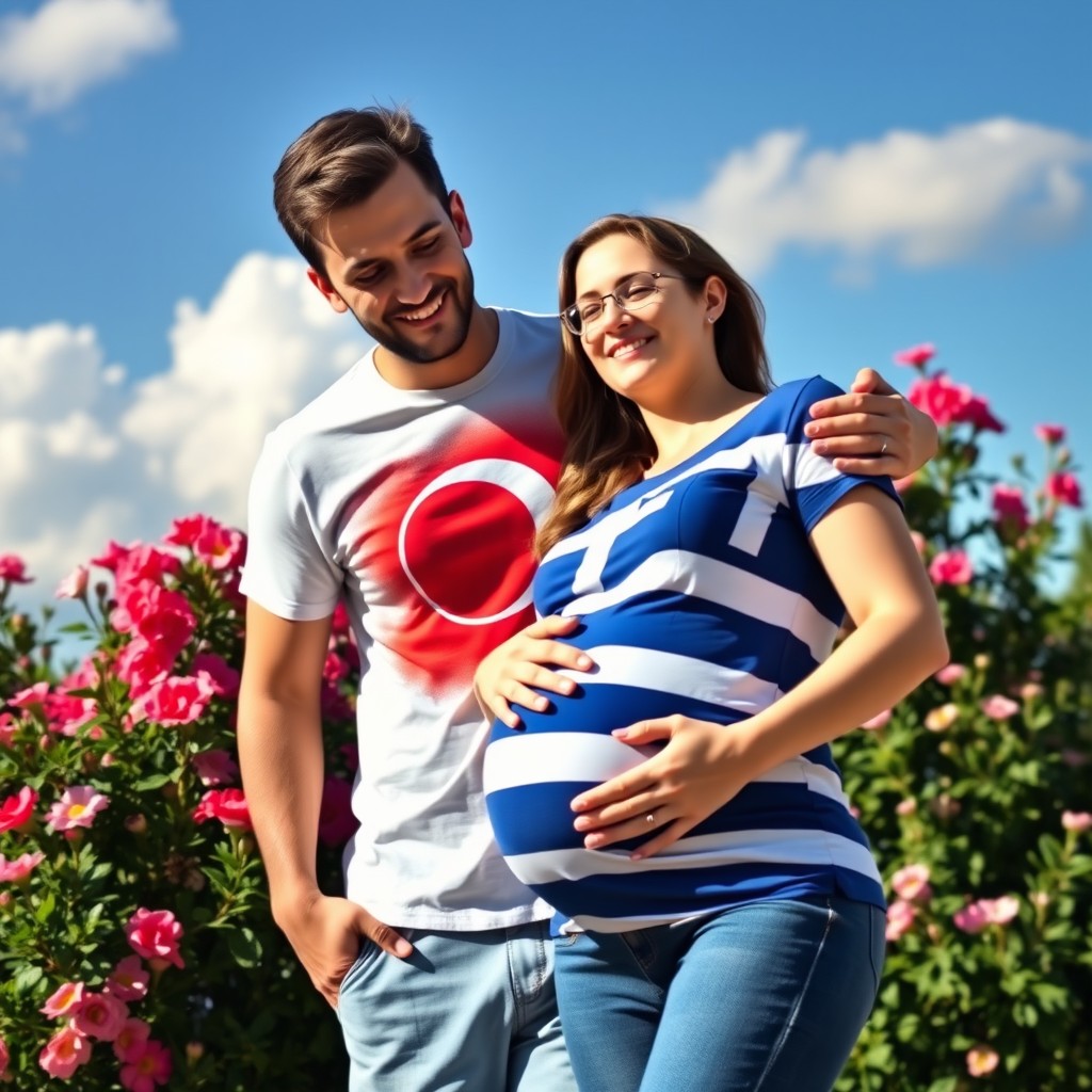 A warm and affectionate scene depicting a man wearing a casual Turkish flag t-shirt embracing his pregnant wife, who is lovingly dressed in a Greek flag t-shirt