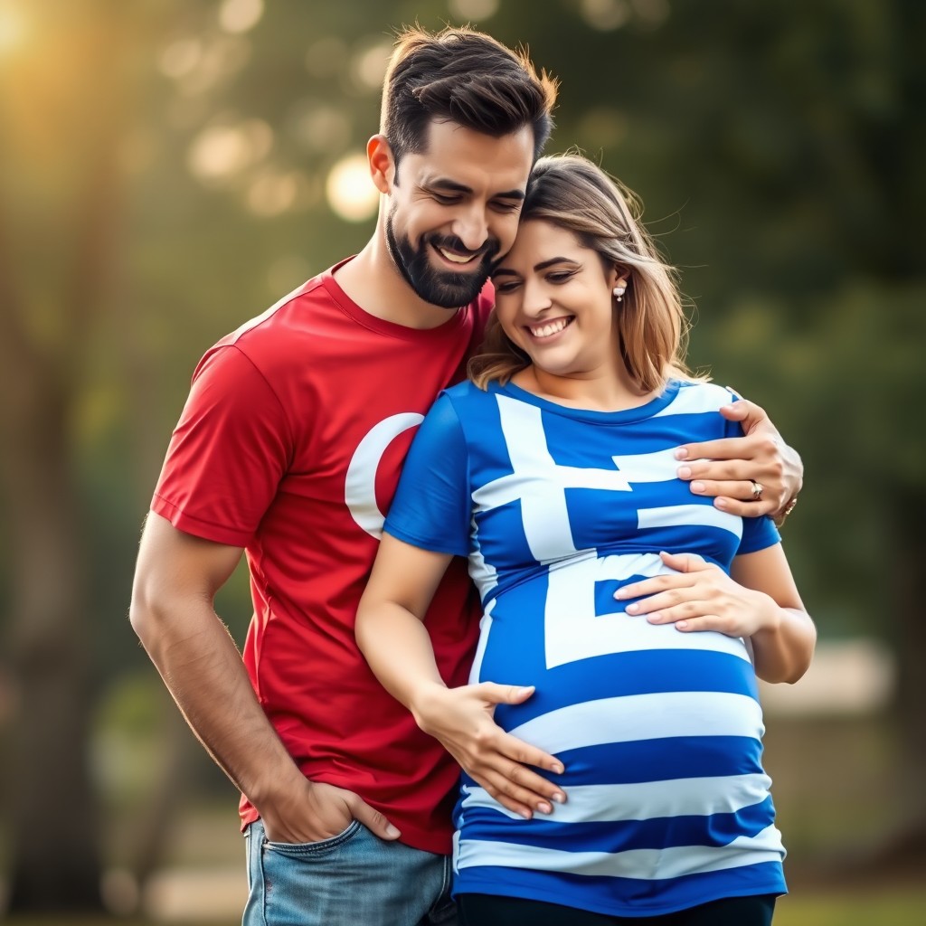 A man affectionately hugs his pregnant wife, smiling joyfully
