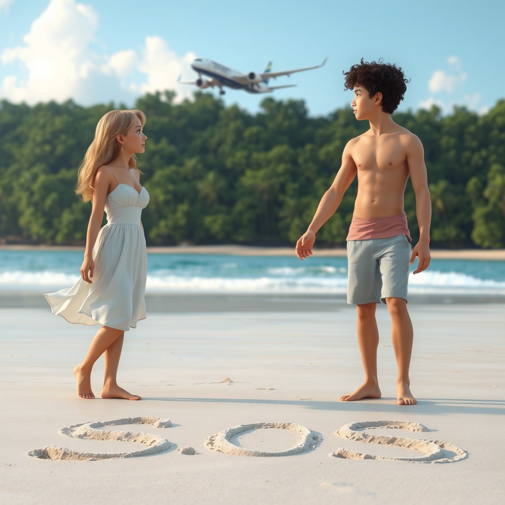 A beautiful beach scene featuring two characters holding hands