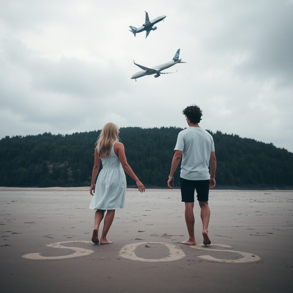 A beach scene featuring two people holding hands, with the woman being a pale blonde and the man being white with black, curly hair