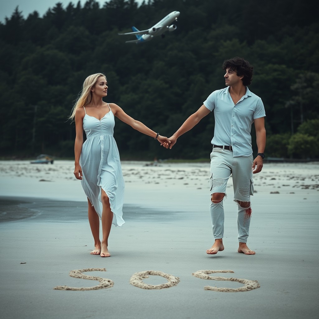 A realistic image of a couple at the beach, holding hands