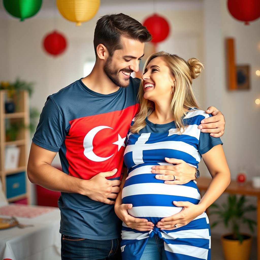 A joyful scene featuring a man wearing a Turkish flag t-shirt, embracing his pregnant wife, who is clad in a Greek flag t-shirt