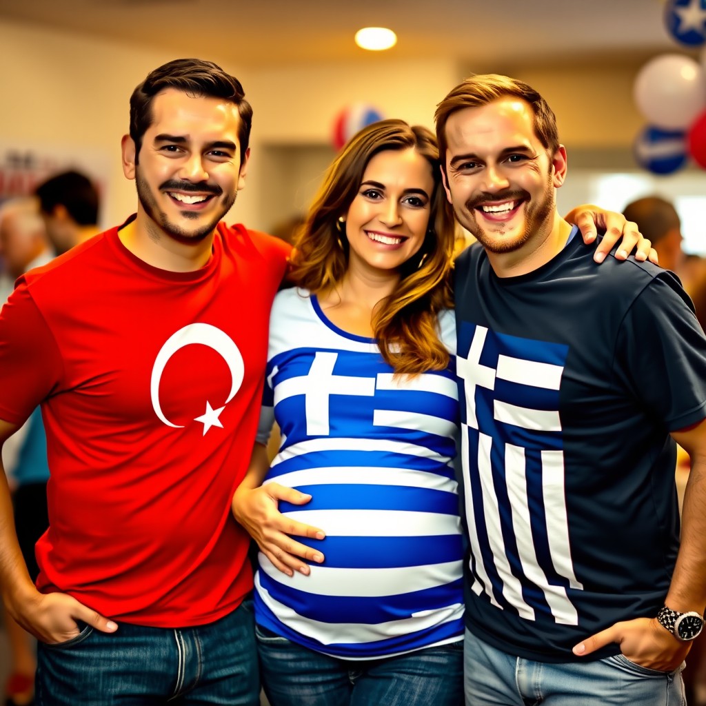 Two men wearing Turkish flag T-shirts embracing a pregnant woman who is wearing a Greek flag T-shirt, set in a warm, friendly environment that conveys unity and cultural appreciation