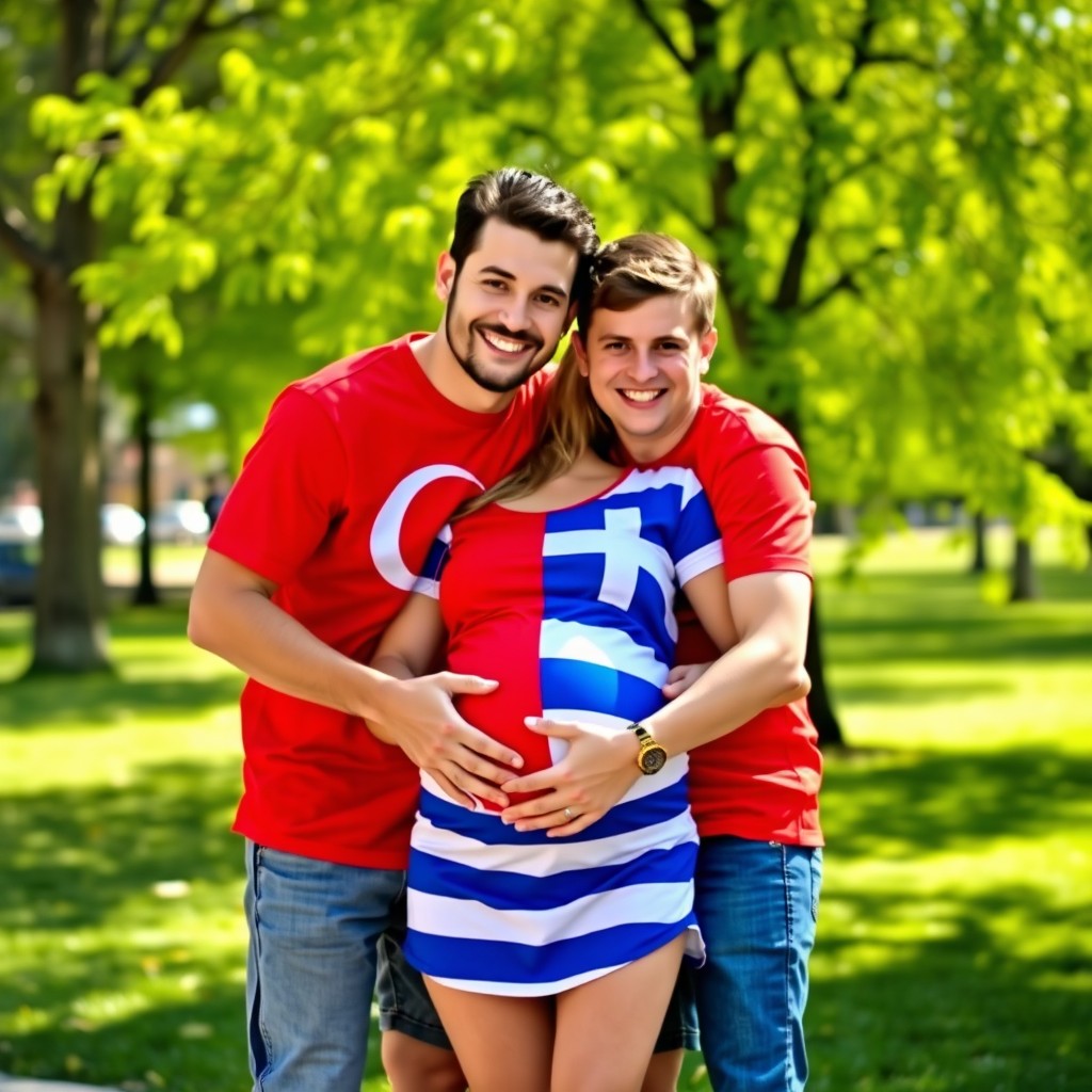 Two men embracing a pregnant woman in a warm and friendly manner
