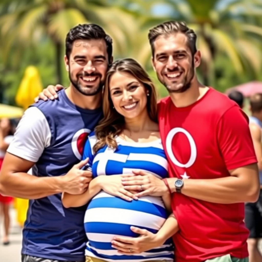 Two men with friendly expressions, wearing Turkish flag T-shirts, embrace a pregnant woman who is wearing a Greek flag T-shirt