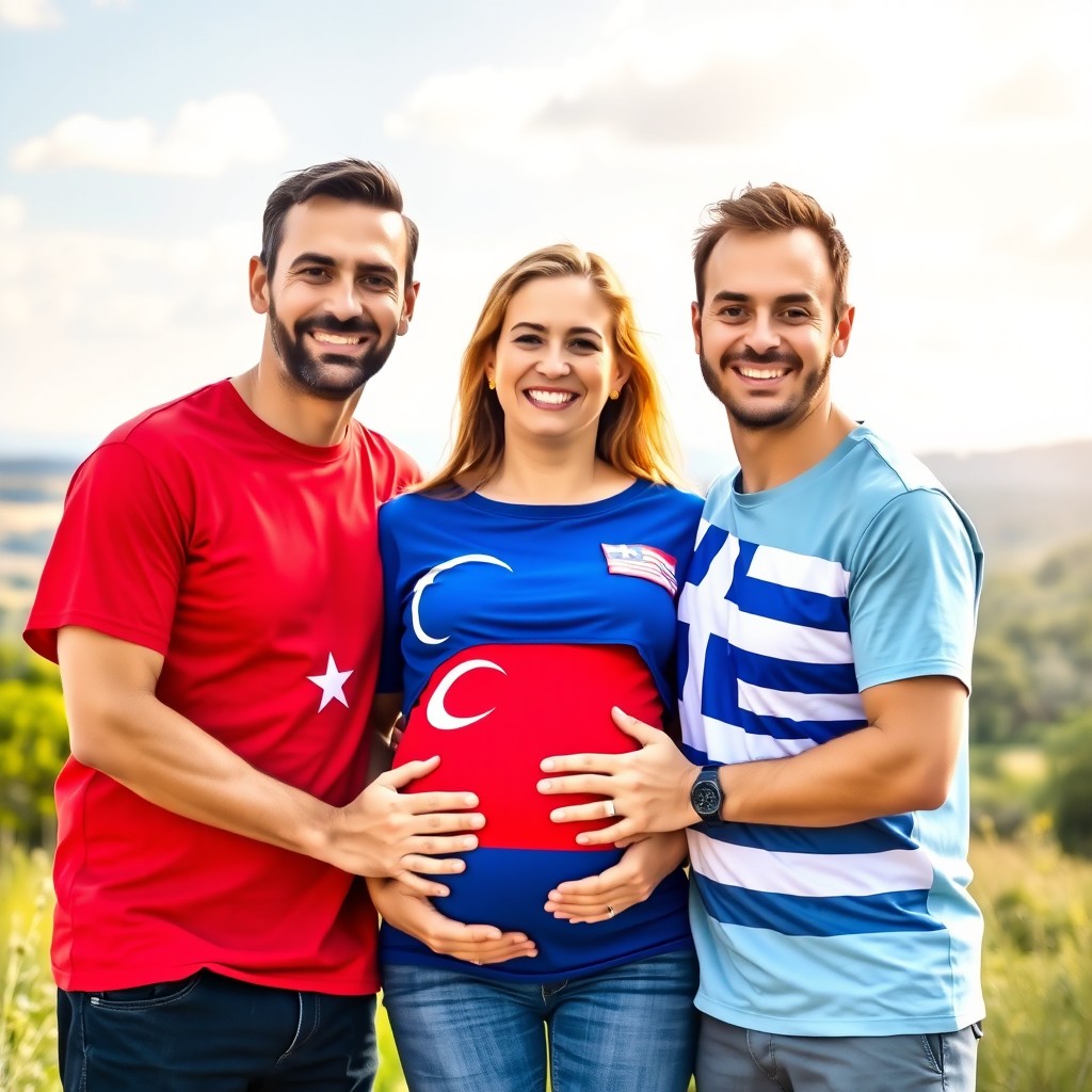 Two men with friendly expressions, each wearing bright Turkish flag T-shirts, standing in a warm and cheerful embrace with a smiling pregnant woman who is wearing a Greek flag T-shirt