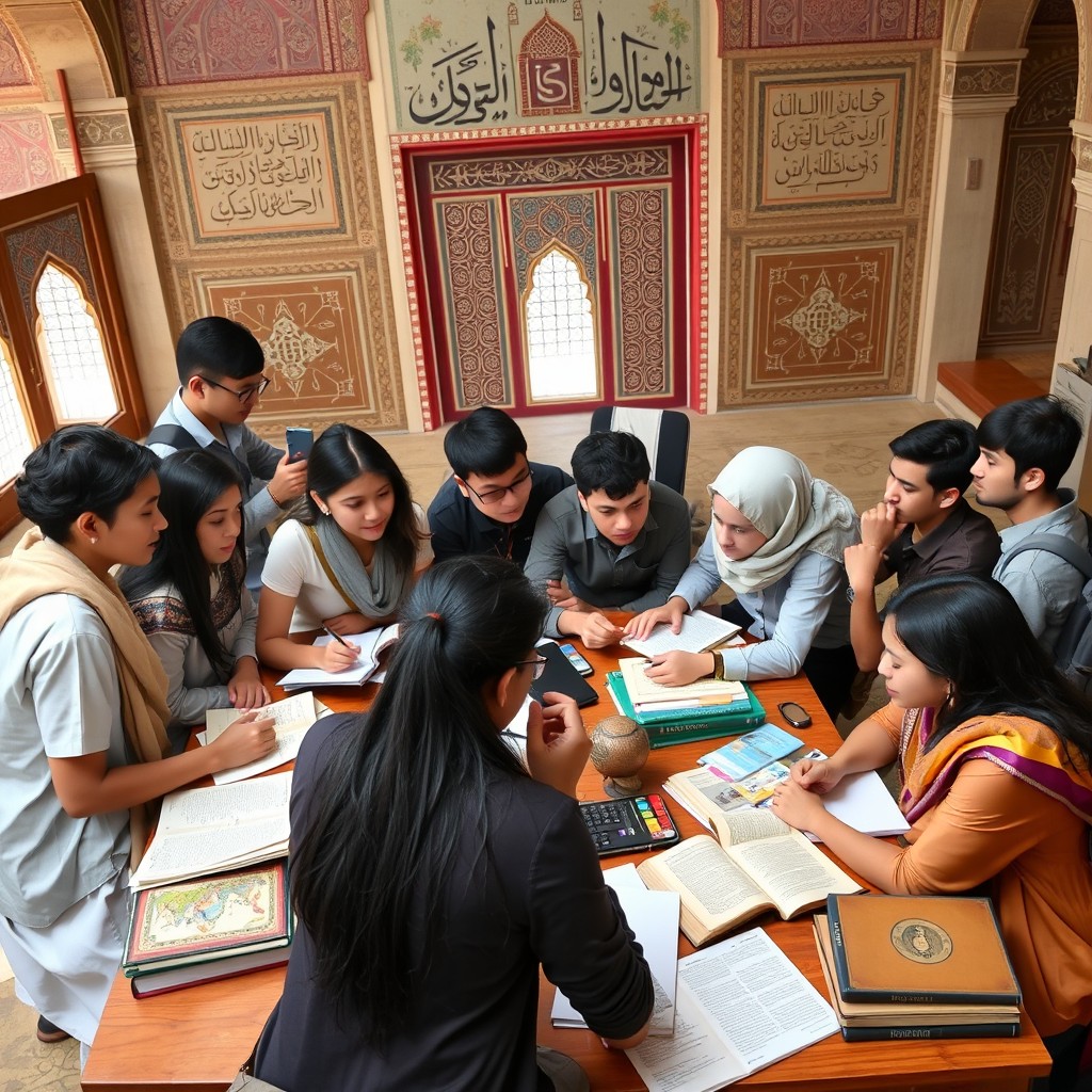 A group of university students engaged in a vibrant learning environment, focused on Islamic culture and history