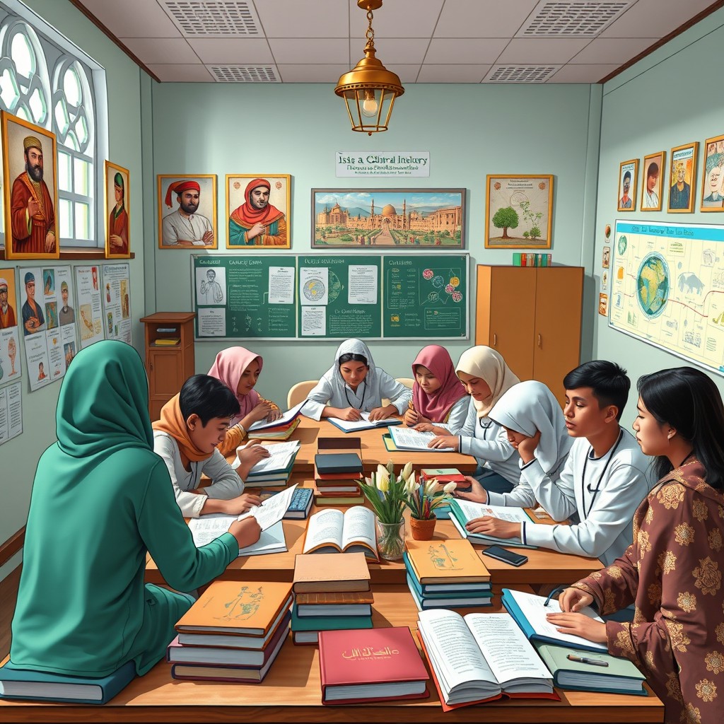 A detailed and creative representation of educational materials focused on Islamic cultural history, tailored for university students in the PIAUD program at STAI Al-Gazali Bulukumba