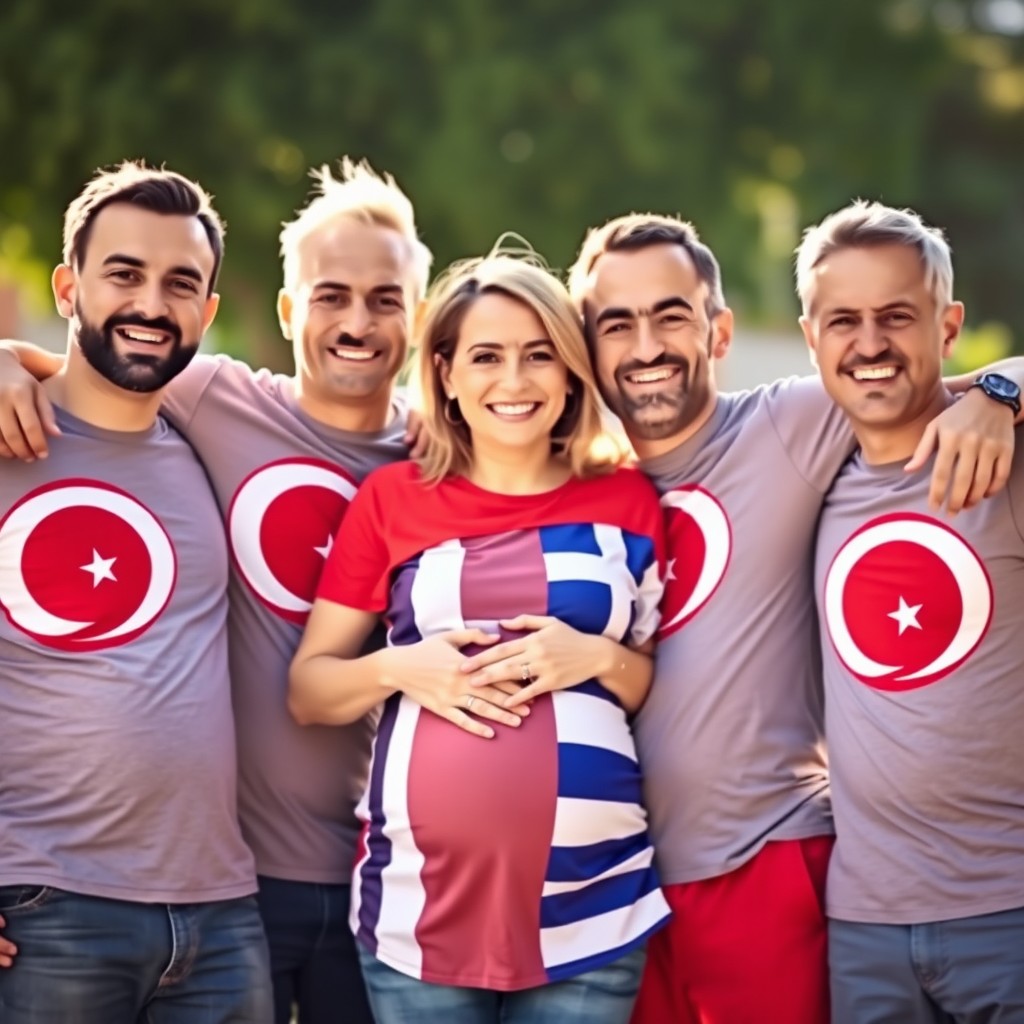Three men joyfully embracing a pregnant woman, each wearing T-shirts that prominently display the Turkish flag