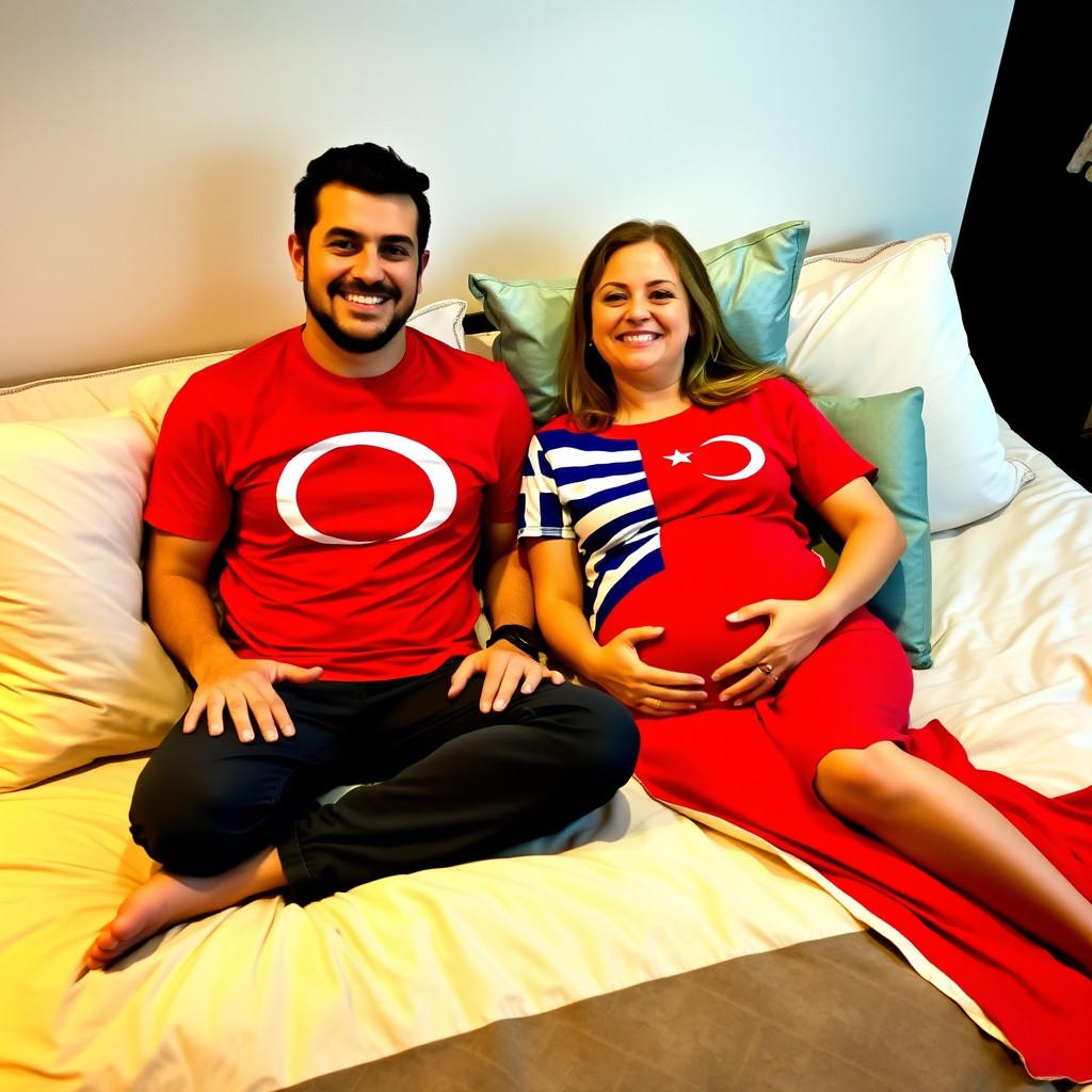 Two men sitting on a cozy bed, both wearing vibrant Turkish flag t-shirts, smiling and looking relaxed