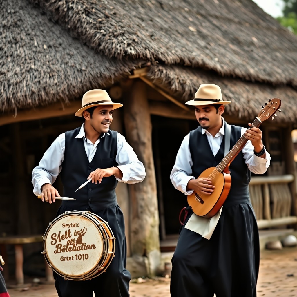 A vibrant scene featuring two men in traditional attire, both wearing long white shirts, black vests, and black baggy pants, complemented by light brown felt bowler hats