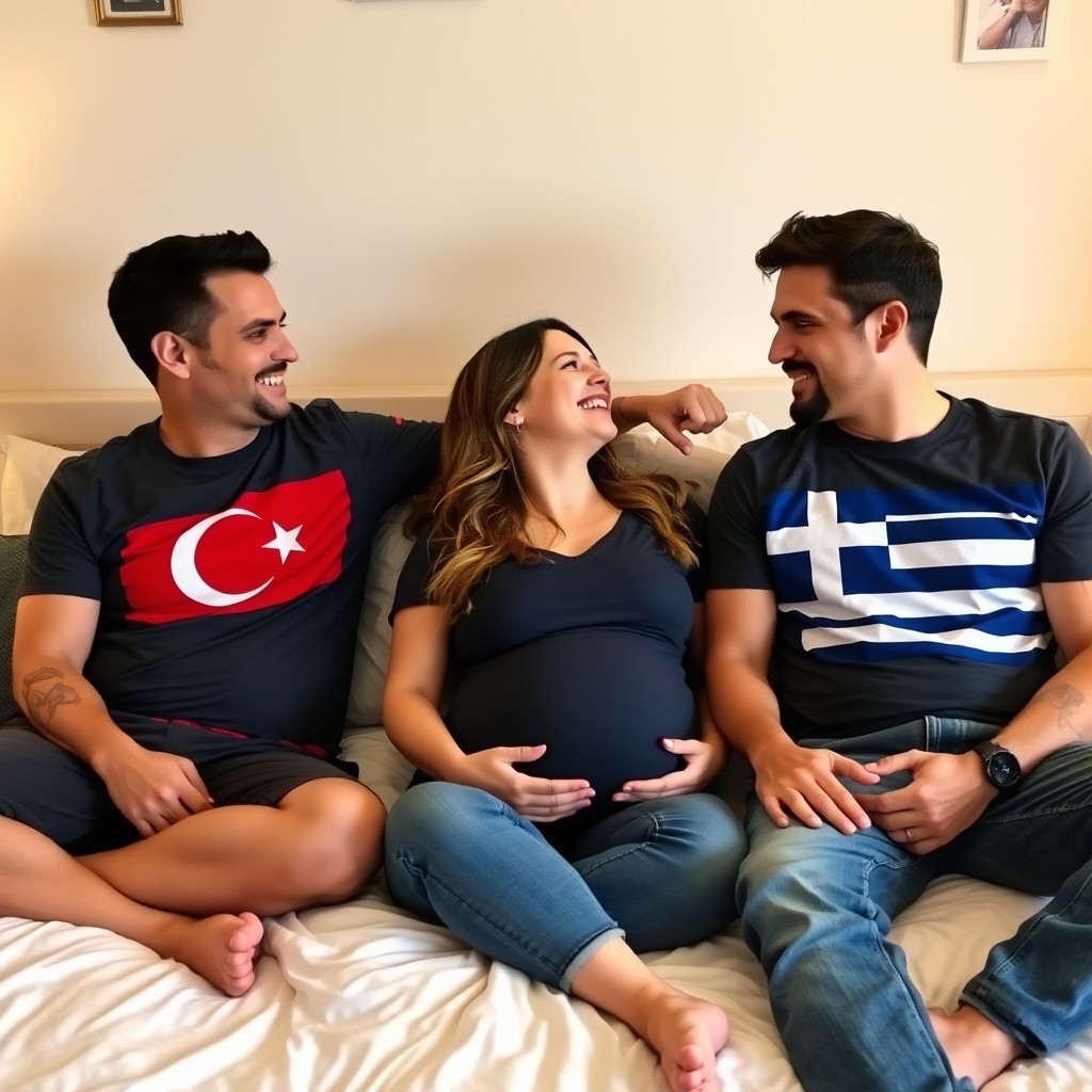 Two men wearing Turkish flag t-shirts are sitting casually on a cozy bed, smiling and engaging in conversation