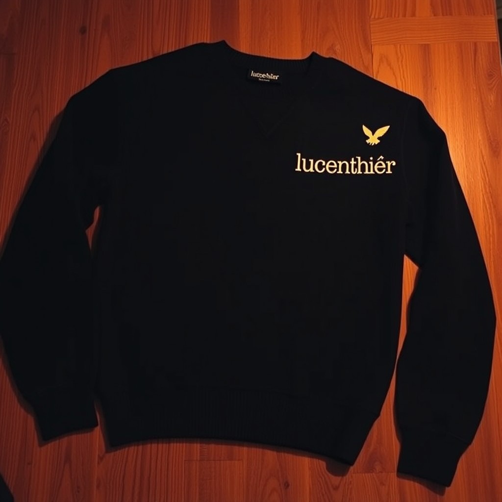 A black sweater featuring the name 'lucenthiér' in goldish-white text on the top right corner