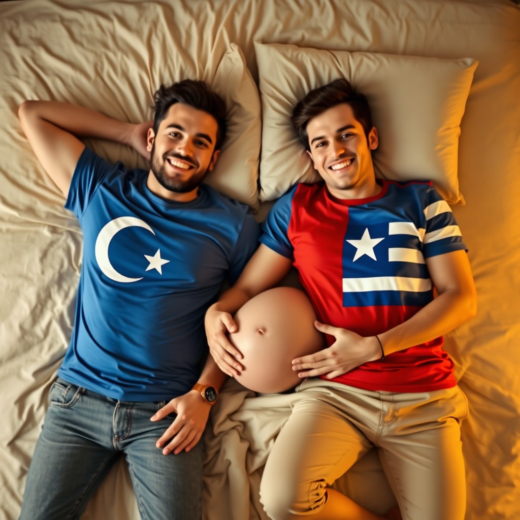 Two men lie on a bed, each wearing Turkish flag T-shirts, exuding a relaxed and friendly atmosphere