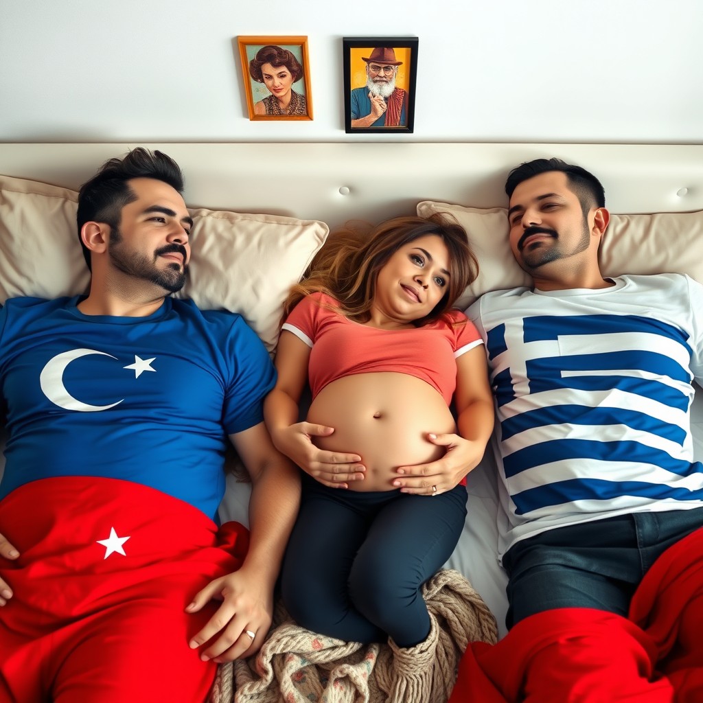 Two men, each wearing Turkish flag T-shirts, are lying on a comfortable bed