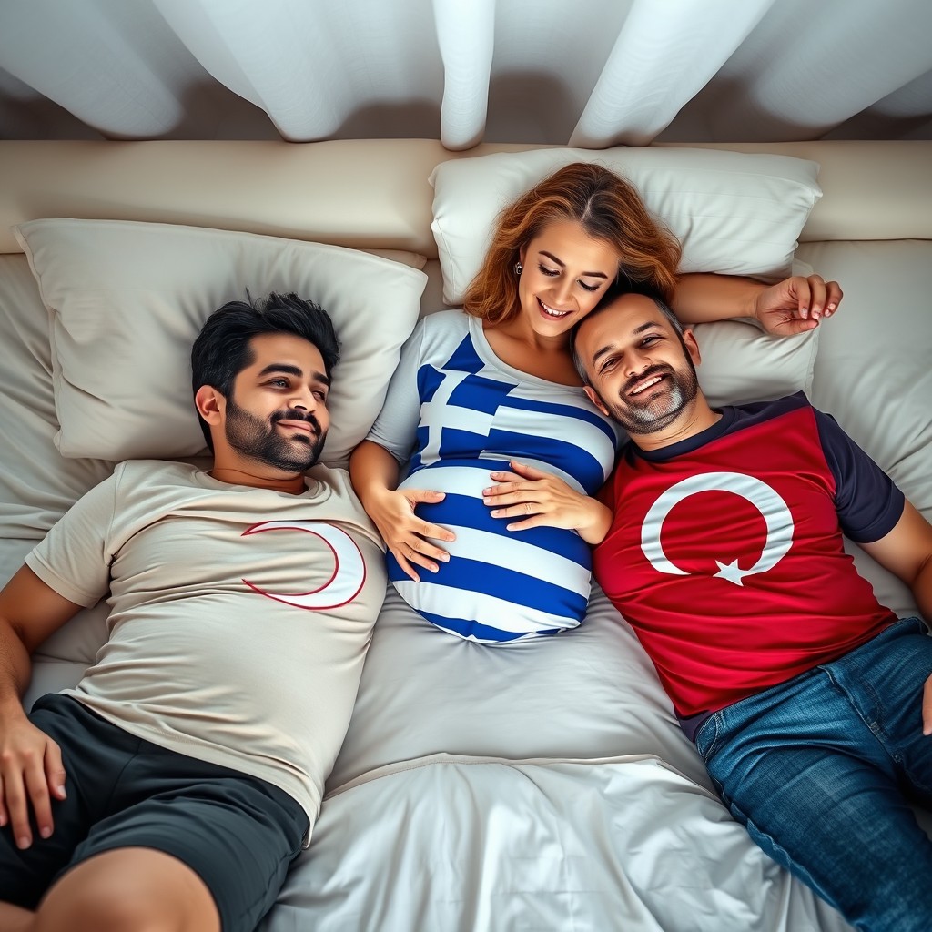 Two men comfortably lying on a bed, both wearing bright Turkish flag T-shirts