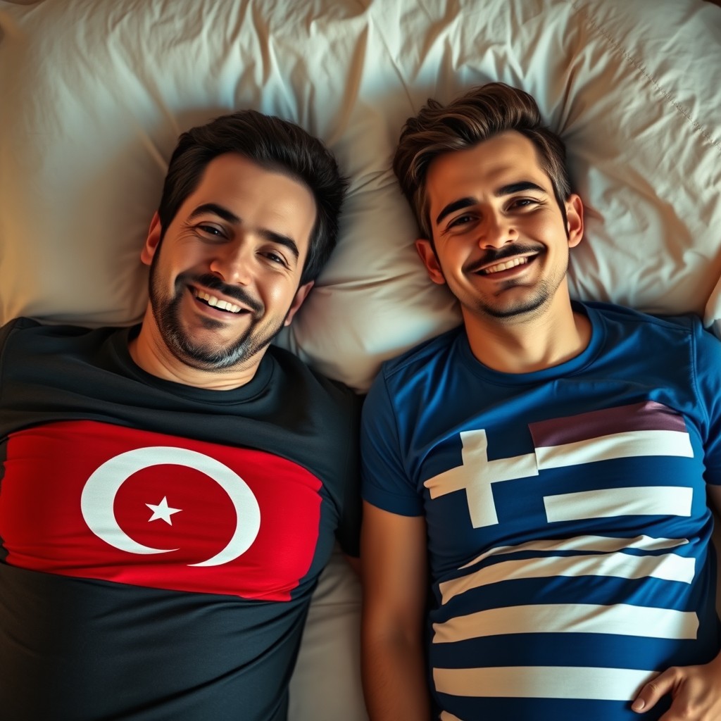 Two men lying on a bed, both wearing Turkish flag T-shirts