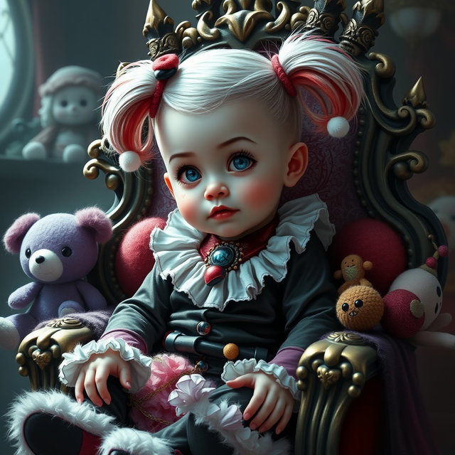 A digital painting of a baby version of Harley Quinn, portrayed in a magical realism style
