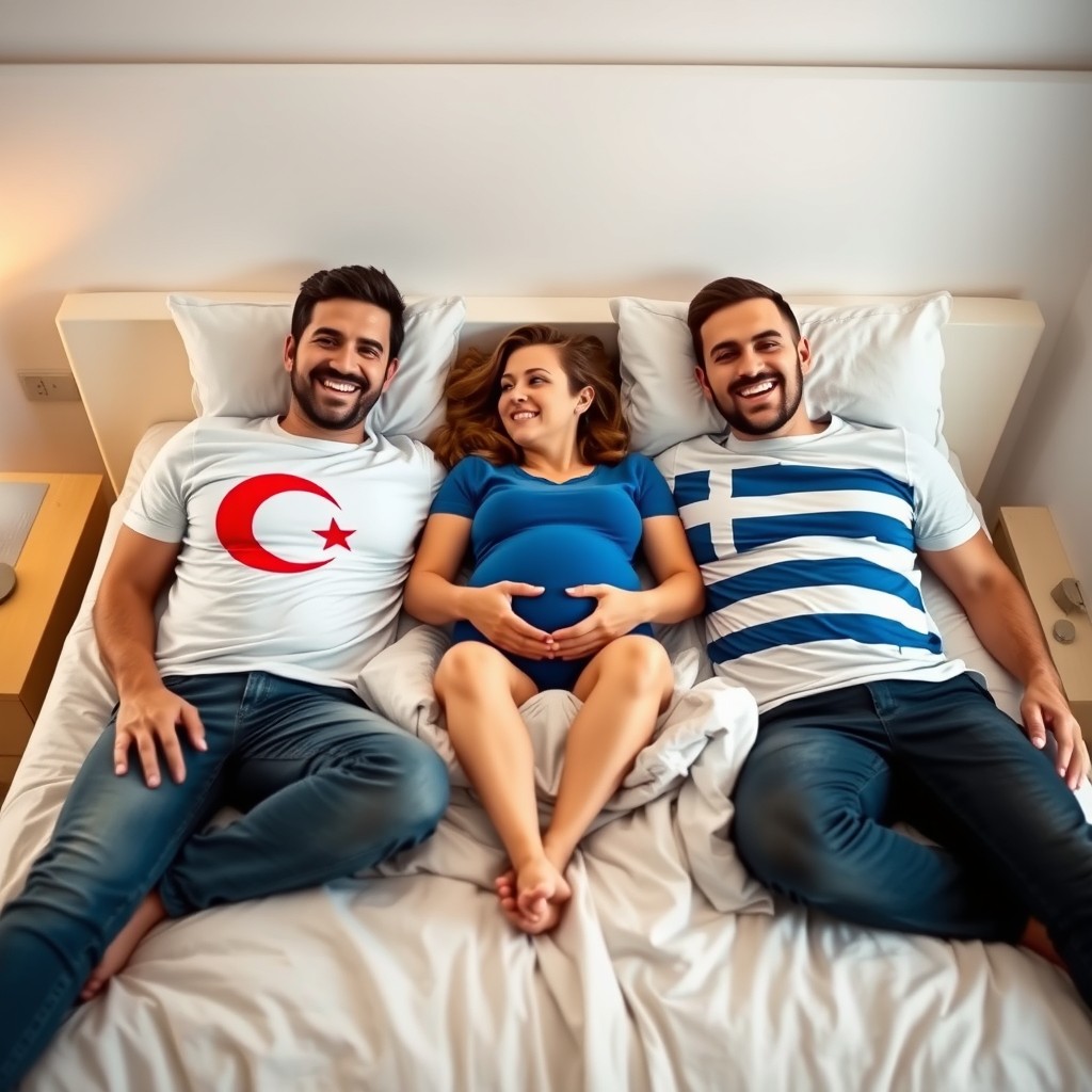 A spacious and cozy bedroom scene featuring two men lounging on a bed, each wearing vibrant Turkish flag T-shirts