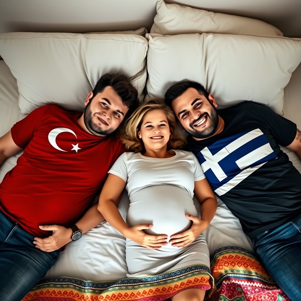 Two men lying on a bed, both wearing Turkish flag T-shirts, smiling and relaxed