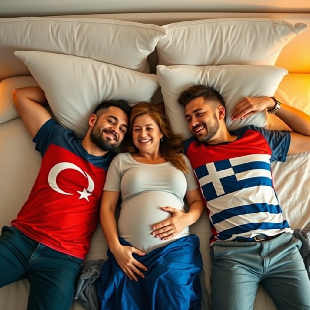 Two men wearing Turkish flag T-shirts lying on a cozy bed, looking relaxed and content, beside a pregnant woman wearing a Greek flag T-shirt