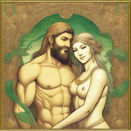 Visualize a vivid scene depicting the mythological figures Gilgamesh as a woman, and Enkidu as a man. Both are smiling and marveling at a beautiful sight.