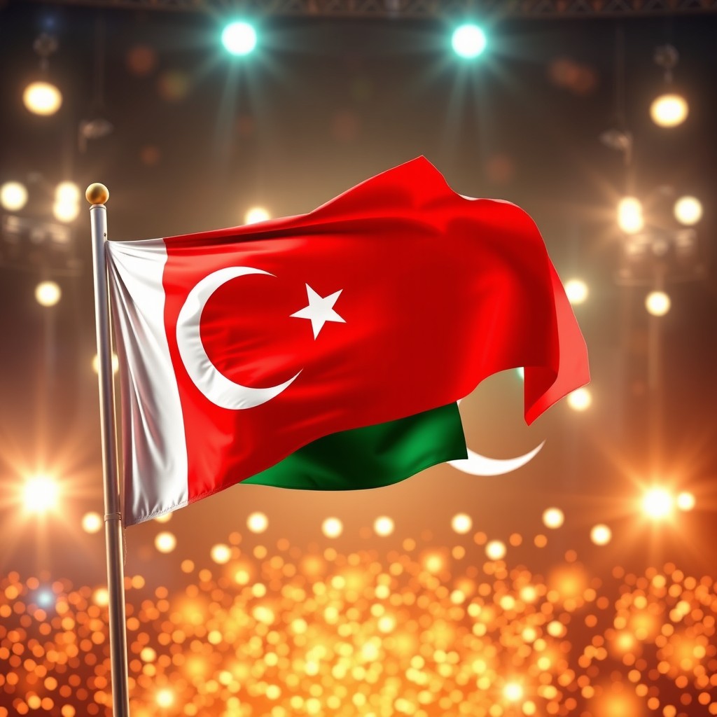 A dynamic and vibrant scene showcasing the flags of Turkey and Pakistan intertwined in a display of unity