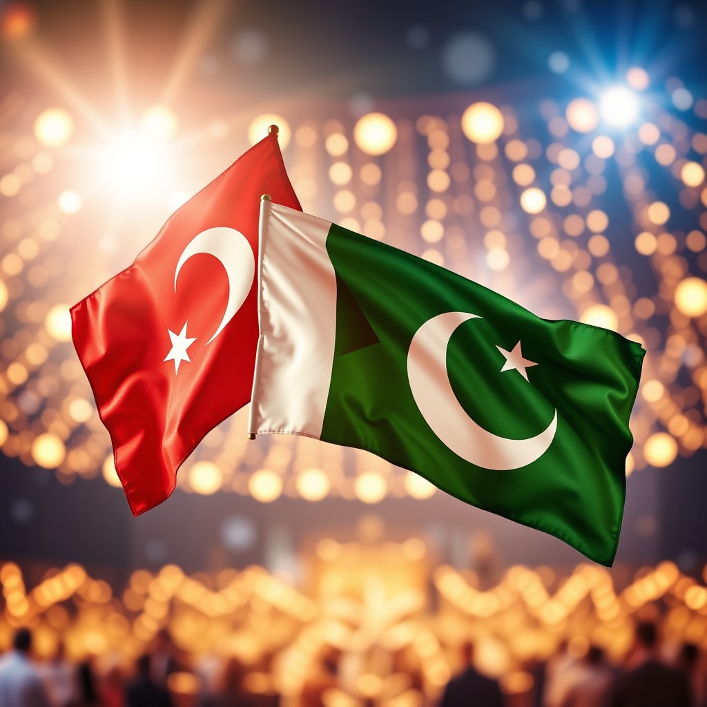 A vibrant and uplifting scene depicting the flags of Turkey and Pakistan intertwined, symbolizing unity and friendship